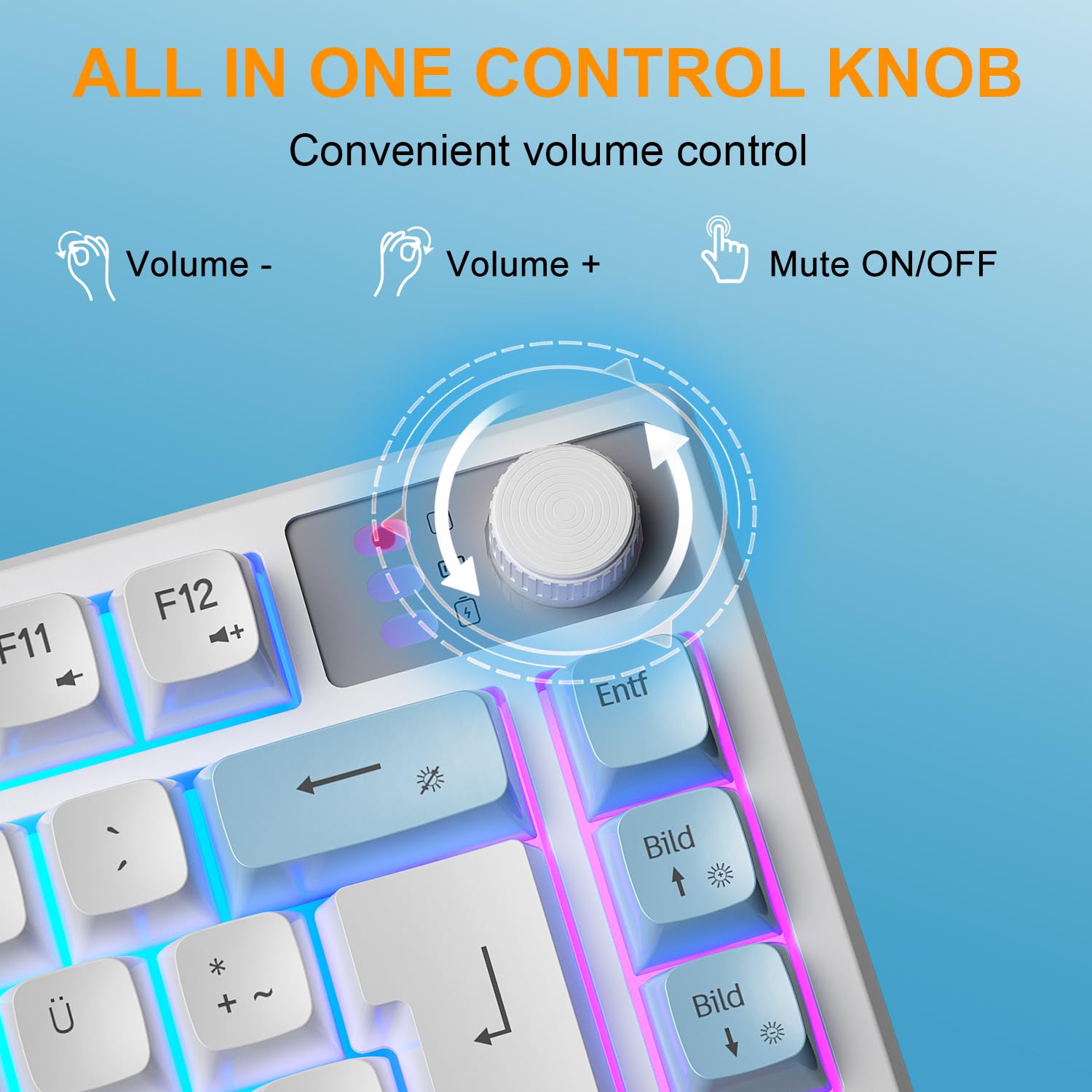 75% Tastatur und Maus Set Kabelloses, QWERTZ DE Layout Kompakte Gaming Tastatur mit Lautstärkeregler, Wiederaufladbare RGB Maus mit Akkuanzeige, Für PC Mac Xbox PS5
