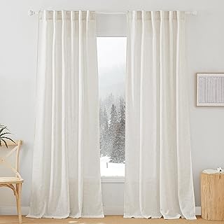 RYB HOME Flax Linen Blend Curtains - Light Filtering Rich Linen Semi She...