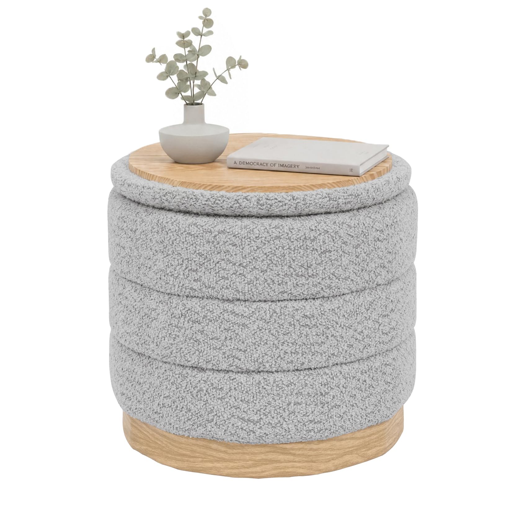 Bonlife Taburete con espacio de almacenamiento y mesa, taburete plegable redondo, banco para salón, dormitorio, pasillo, chenilla, gris plata, 39 x 39 x 37 cm