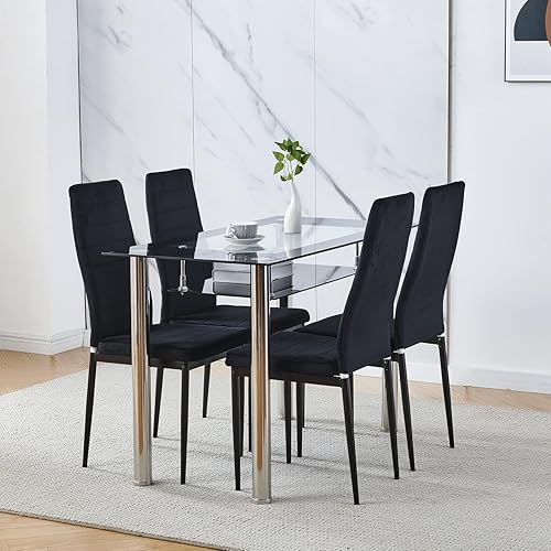 Miniatura 2 de BELIFEGLORY Juego de 4 sillas y mesas de comedor de 5 piezas de terciopelo de cocina y mesa de comedor templado de vidrio de 2 niveles con estante