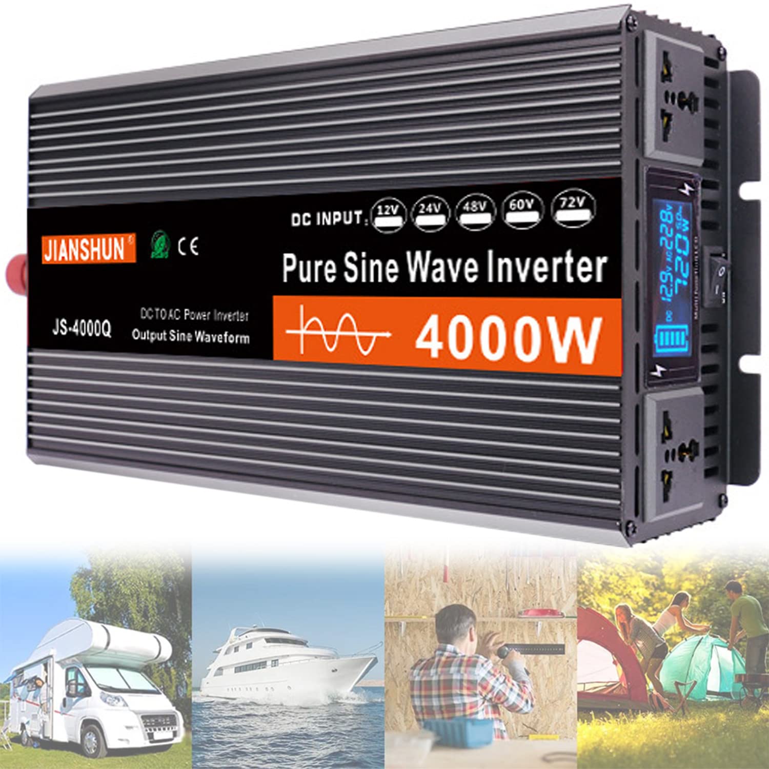 Przetwornica mocy o mocy 4000 W z czystą falą sinusoidalną 12V/24V/48V/60V DC na 230V AC Przetwornica samochodowa z gniazdami prądu przemiennego i wyświetlaczem LCD, generator awaryjny,48V