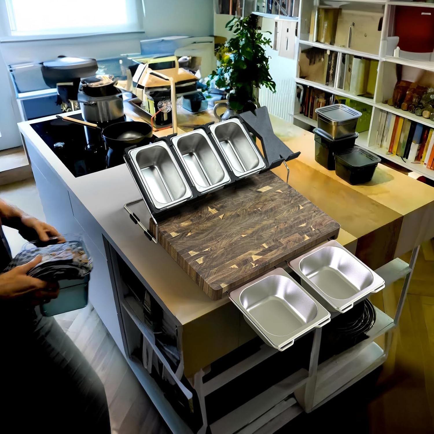 Acacia Wood Cutting Board with Containers - Prepdeck meal prep station for Kitchen, End Grain Cutting Board with Stainless Steel Food Container, Fixed Brackets, and Non-Slip Foot Rests