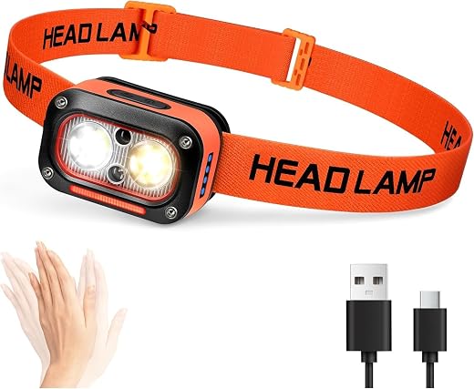 Linist LED Headlamp Rechargeable USB Type-C – Motion Sensor Head Torch with 4 Light Modes, Adjustable Angle, Waterproof Ha...