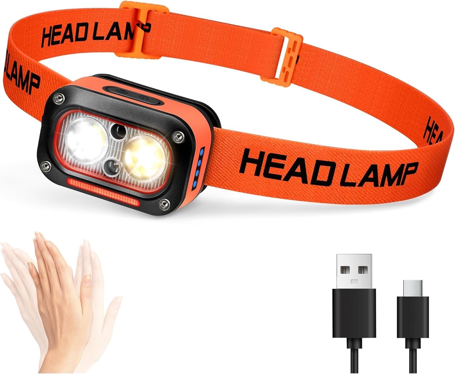 LED Headlamp Rechargeable USB Type-C | Motion Sensor Head Torch with 4 Modes | Work Light | XPG + Red LED | Lightweight Hands-Free Headlamp for Camping, Hiking, Repairing | 600mAh Battery