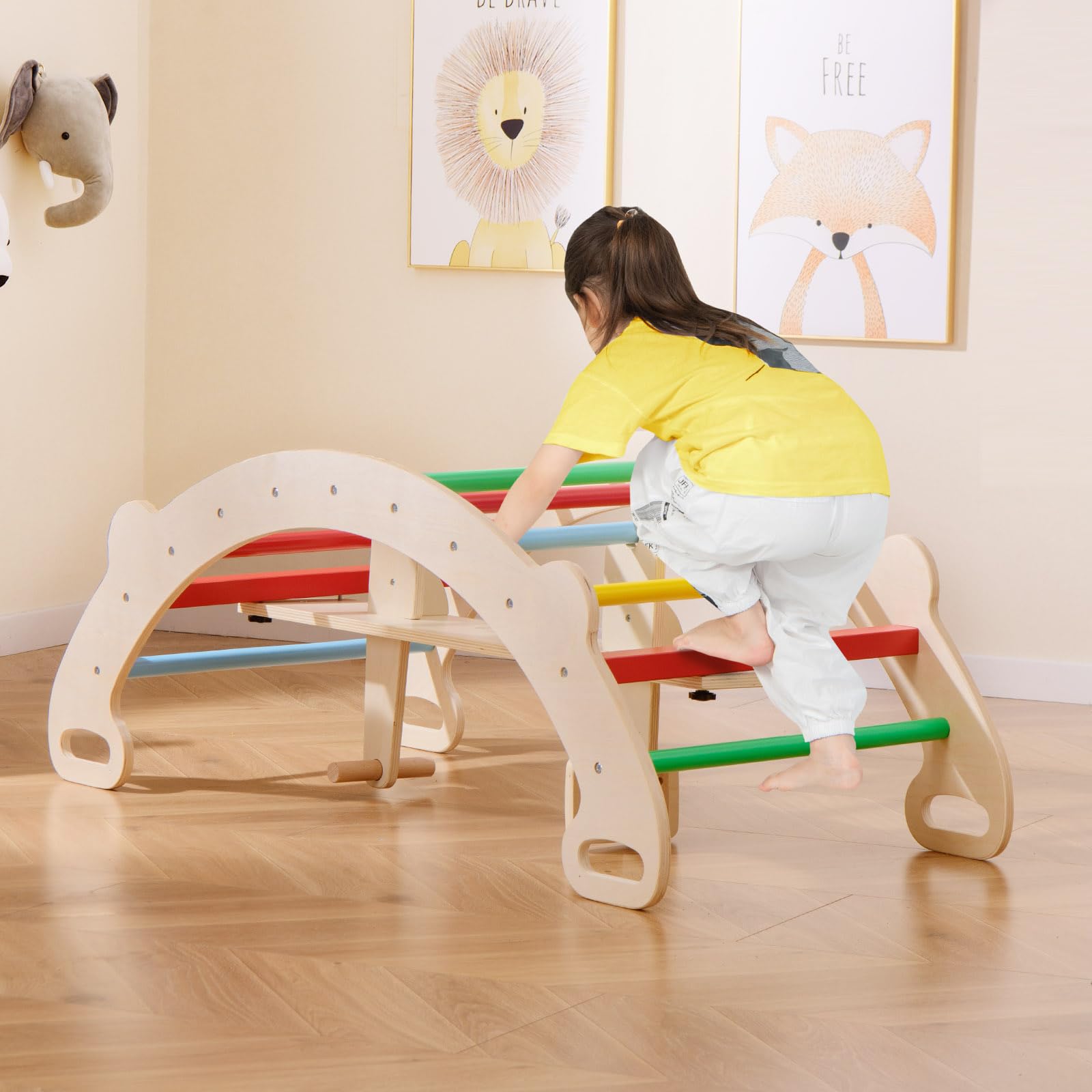 COSTWAY Kletterbogen, mit abnehmbarem Sitz, 4 in 1 Klettergerüst Indoor zum Wippen, Schaukeln, Klettern und Krabbeln, Kletterdreieck Holz, Bogenwippe für Kinder ab 1 Jahre, Sitzhöhe 23,5cm (Bunt)
