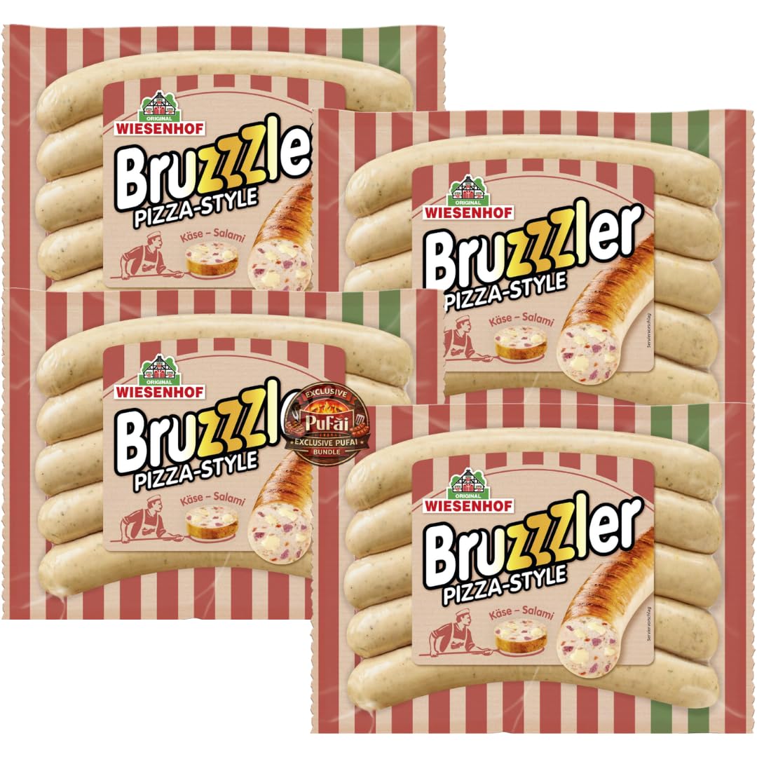 PUFAI Bundle – Wiesenhof Bratwürstchen Pizza Style 400g x4 Er– Würstchen mit Pizza Gewürz, Für Grill & Pfanne, Snack & BBQ Use