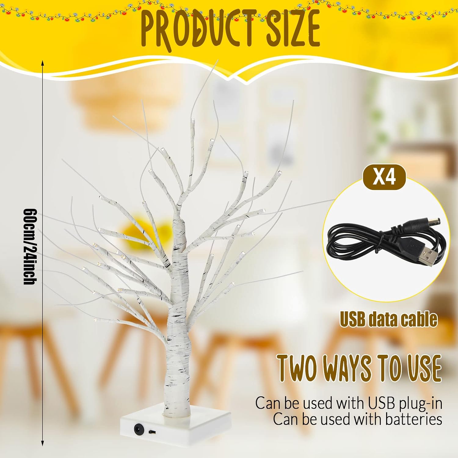Macarrie 4 Pcs Birch Tree with LED Lights Christmas Wedding Decorations Tabletop Lighted White Mini Artificial Branches Battery Powered or USB Twinkling Table Centerpiece Indoor Gift (24 Inch)