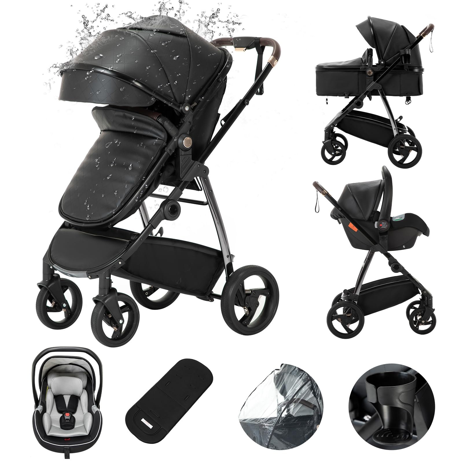 Kakbgee Leather 3-in-1 Combination Stroller, Urban Strollers with Car Seat ECE R129, Portable One-Click Folding Buggy, Flexible Aluminium Frame Carrycot for Newborn 0-4 Years