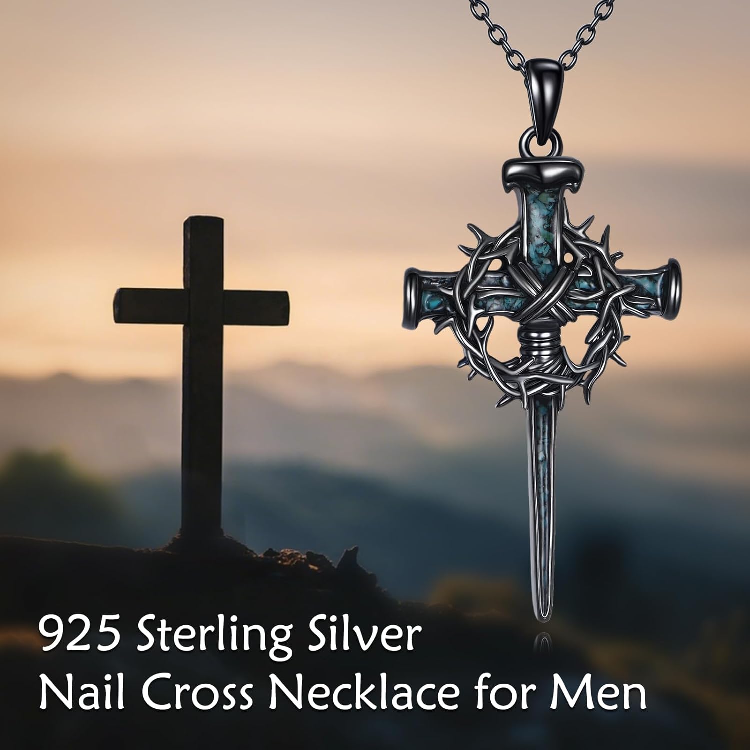 Nail Cross Necklace for Men 925 Sterling Silver Black Cross Necklace Crown of Thorns Pendant Christian Jewelry Religious Christmas Gifts for Men Women