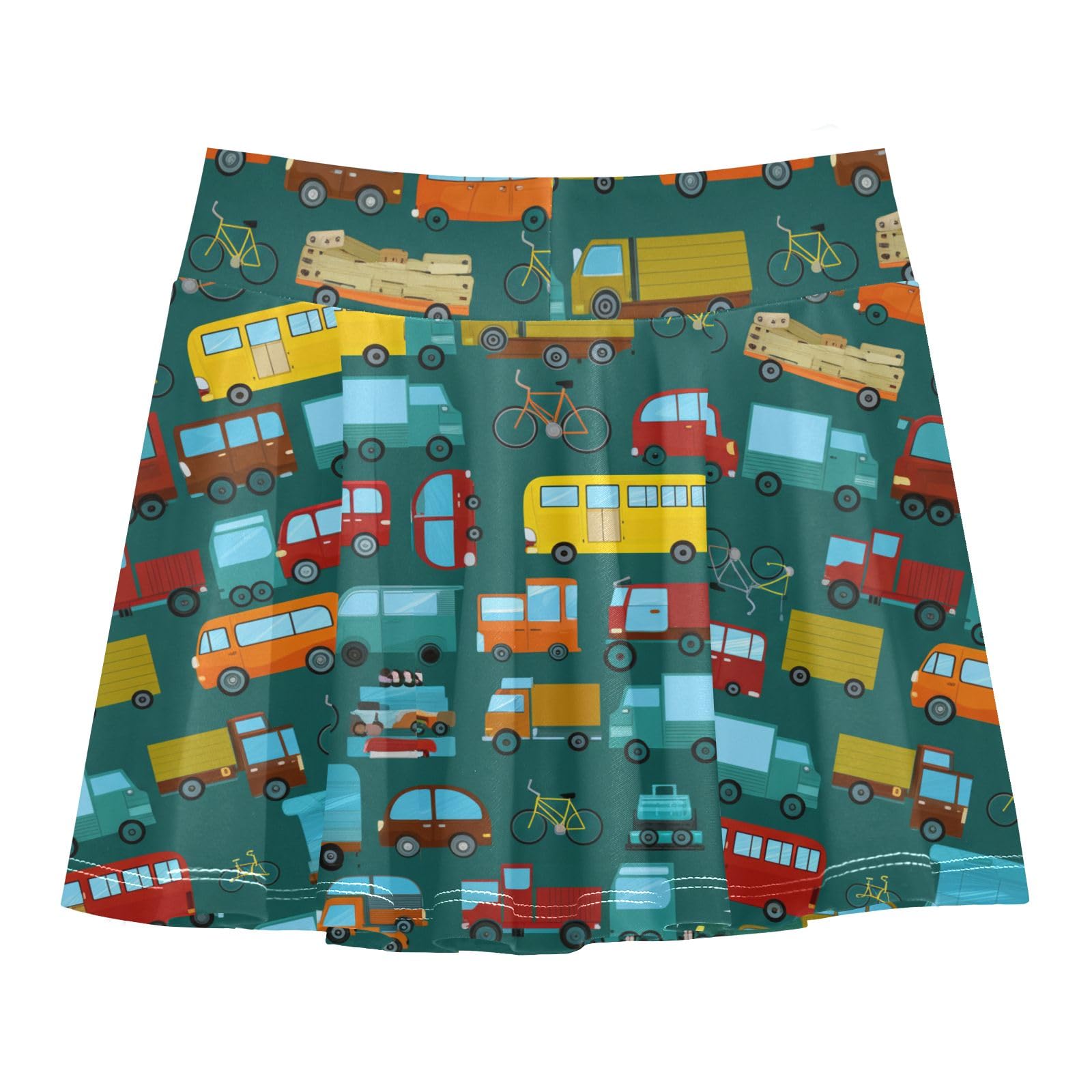CHIFIGNO Athletic Skort for Girls Tennis Active Skirts with Shorts 2-in-1 Dance Running Skirt Cute Vehicles Trucks Dark Green Size 11-12