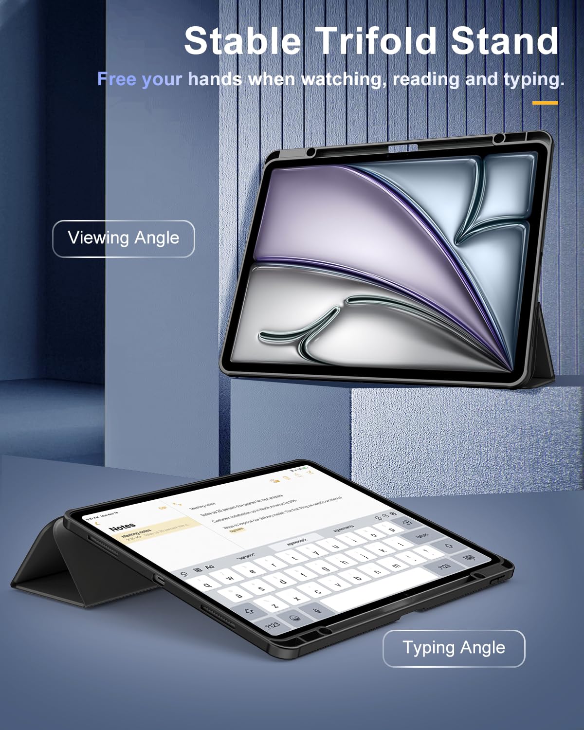 TiMOVO Custodia per Nuovo iPad Air 13 Pollici (M3/M2-2025/2024) con Portapenne, Cover Protettiva per iPad Air 13 con Supporto Pieghevole & Retro Trasparente, Auto Sveglia/Sonno, Nero