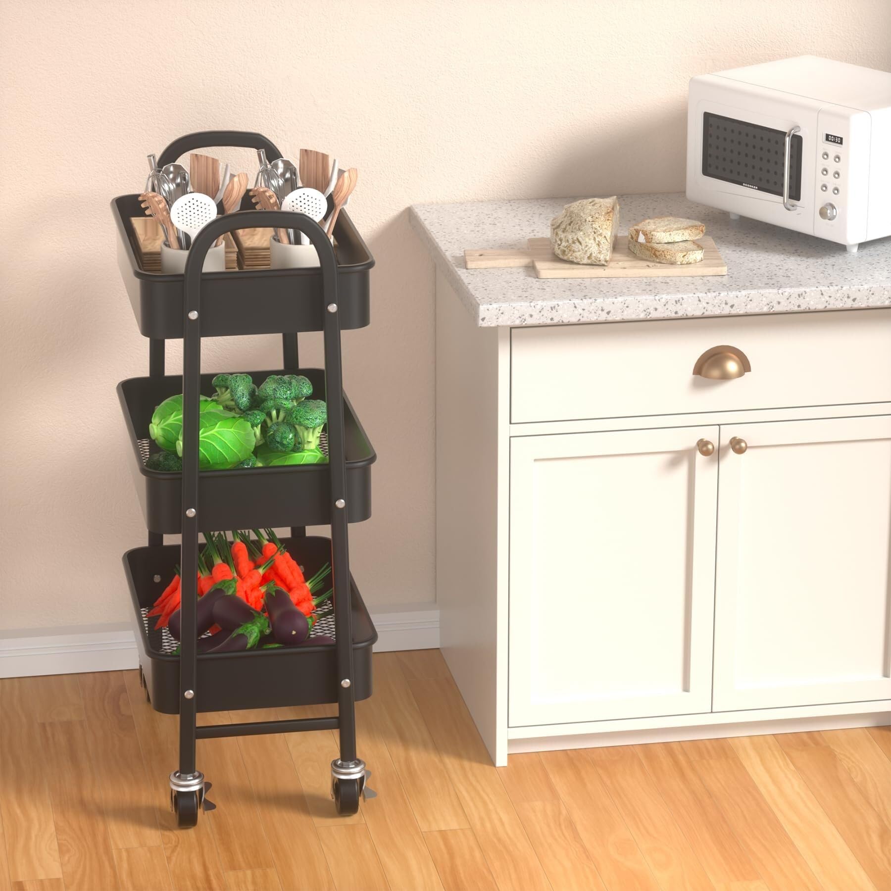 Carrito rodante de metal de 3 niveles con ruedas – Carro Sto que ahorra espacio para cocina, baño, oficina y maquillaje – Carrito de peluquería (negro)
