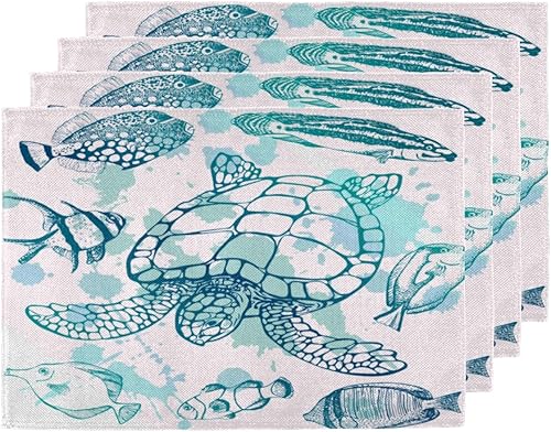 Cute Turtle Pattern Placemats Set of 4 Table Mats Washable Placemat Waterproof Place Mats for Party Home Dining Table Decor 18x12 in
