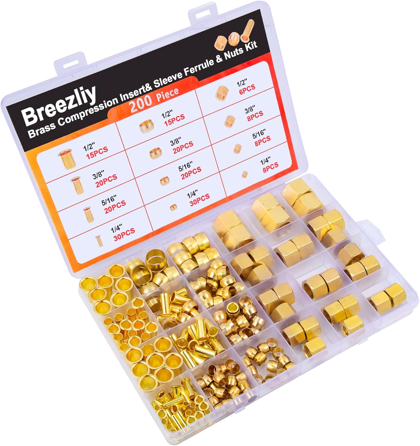 1/4", 3/8", 5/16", 1/2" OD Brass Compression Insert,Sleeve Ferrule,Nut 200PCS