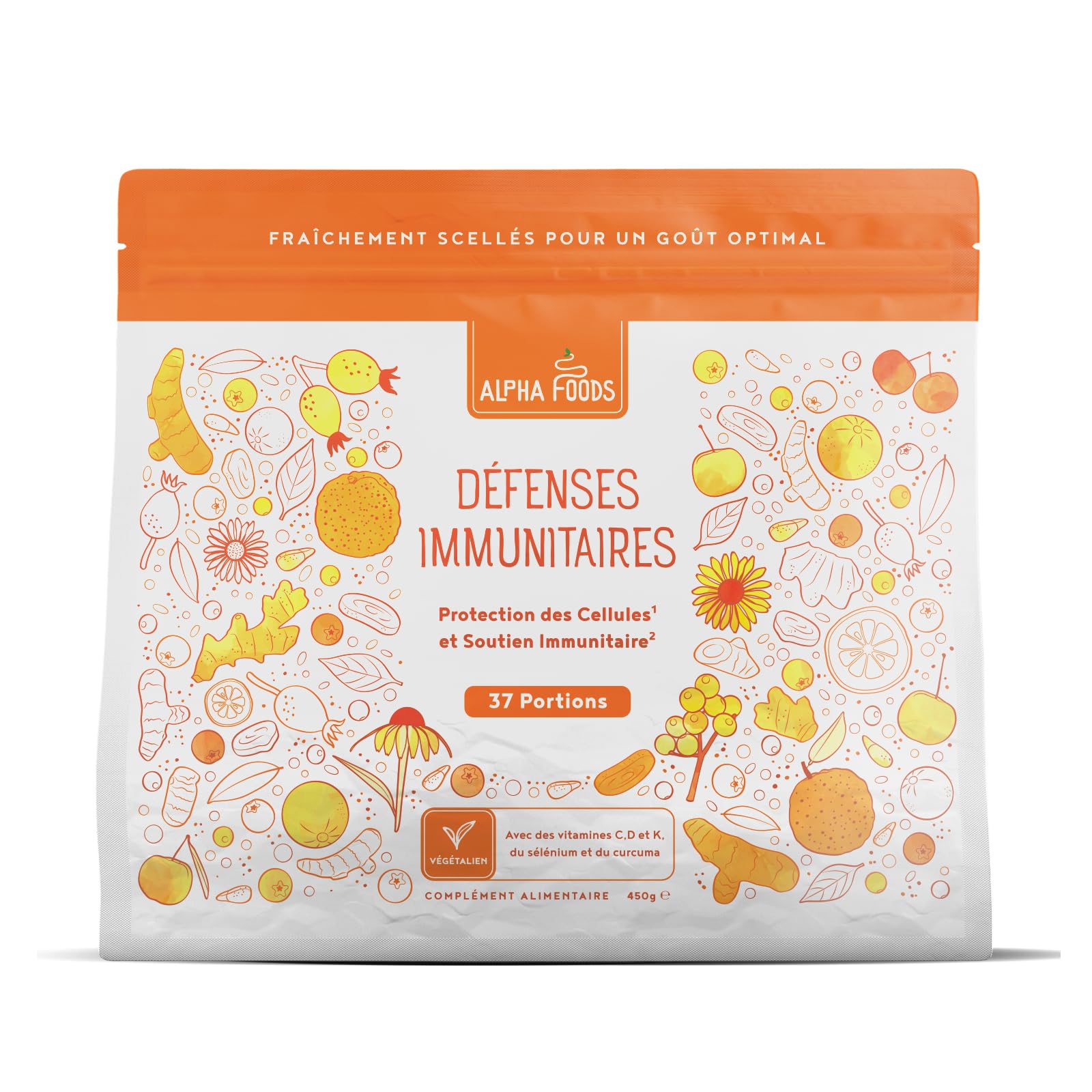 Défenses Immunitaires en Poudre | 450 g | avec Vitamine C, D et K2, Quercétine, Camu, Curcuma, Gingembre, Sélénium, Zinc et NAC | Soutien du Système Immunitaire | Alpha Foods