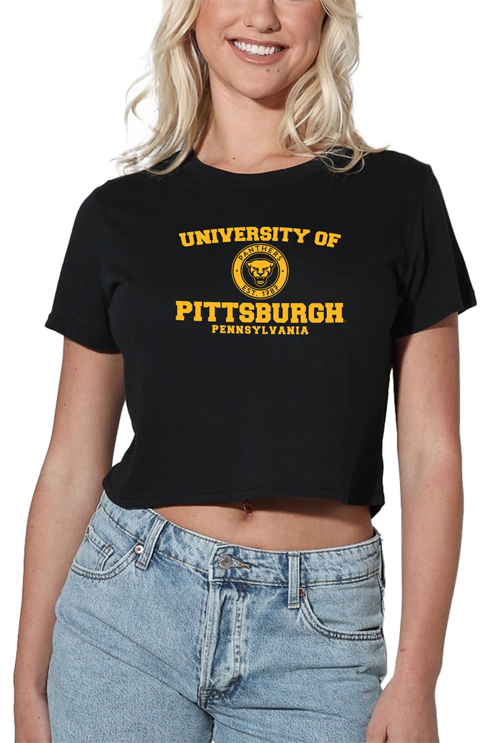 Official Collegiate Distressed Circle Logo Women's Apparel Crop Top T-Shirt Collection, Black