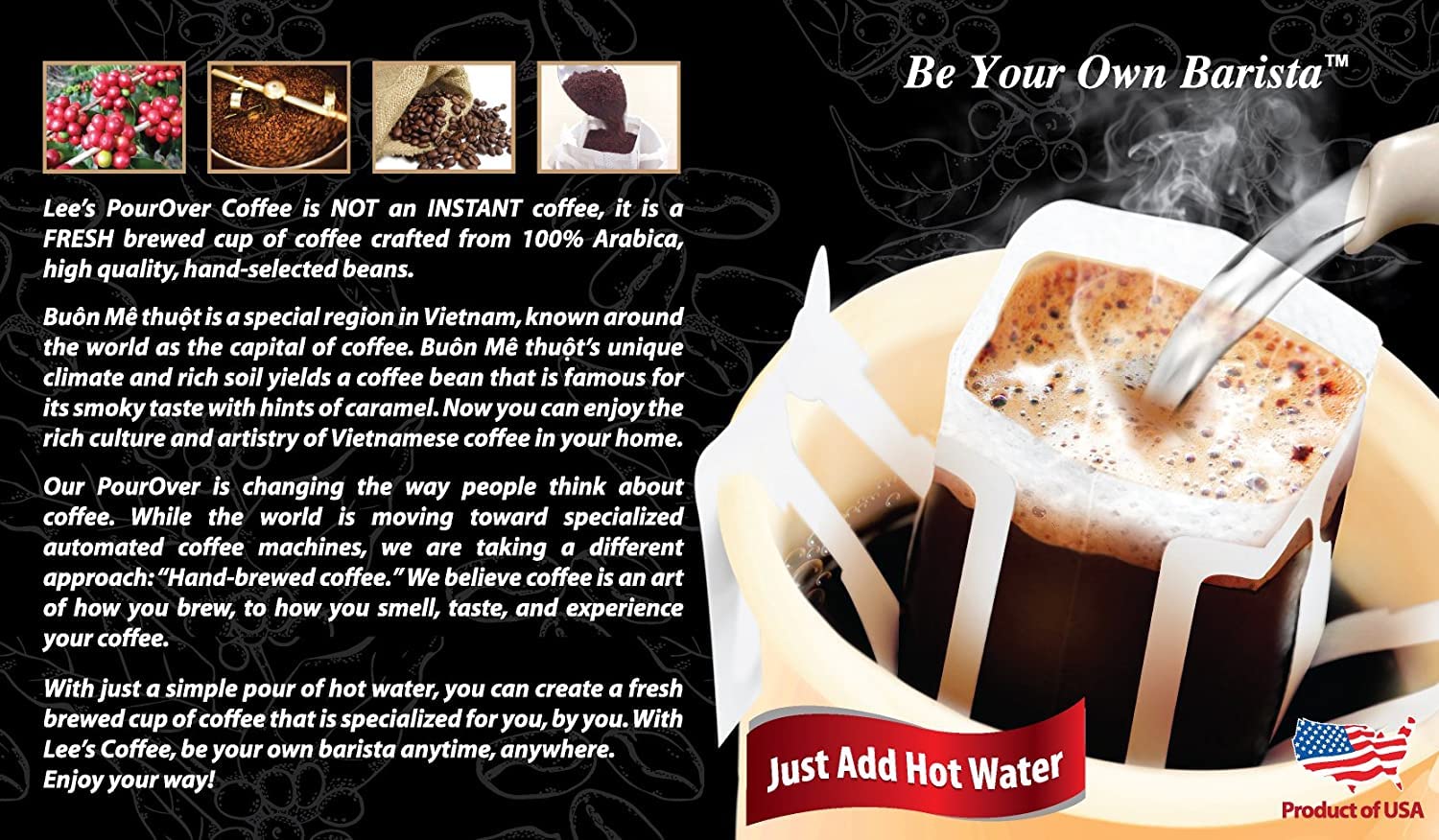 1 Pack - Lee's Coffee Pourover Fresh Ground Vietnam Buon Thuot Delight Filter Packs - 16 Bags per Box