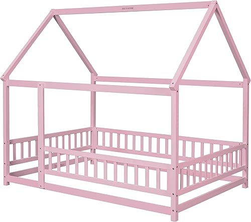 Miniatura 33 de Bellemave Cama Montessori de madera con valla y techo para niños, marco de cama individual para niños, niñas (individual, blanco)