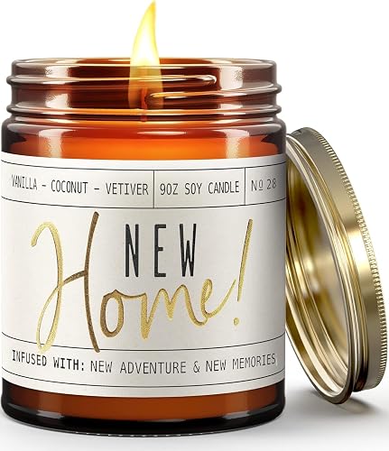 House Warming Gifts New Home, Perfect Housewarming Gifts for New House - 'New Home' Soy Candle, w/Vanilla, Coconut & Vetiver I New Home Gifts for Home I 9oz Jar, 50Hr Burn, Made in USA