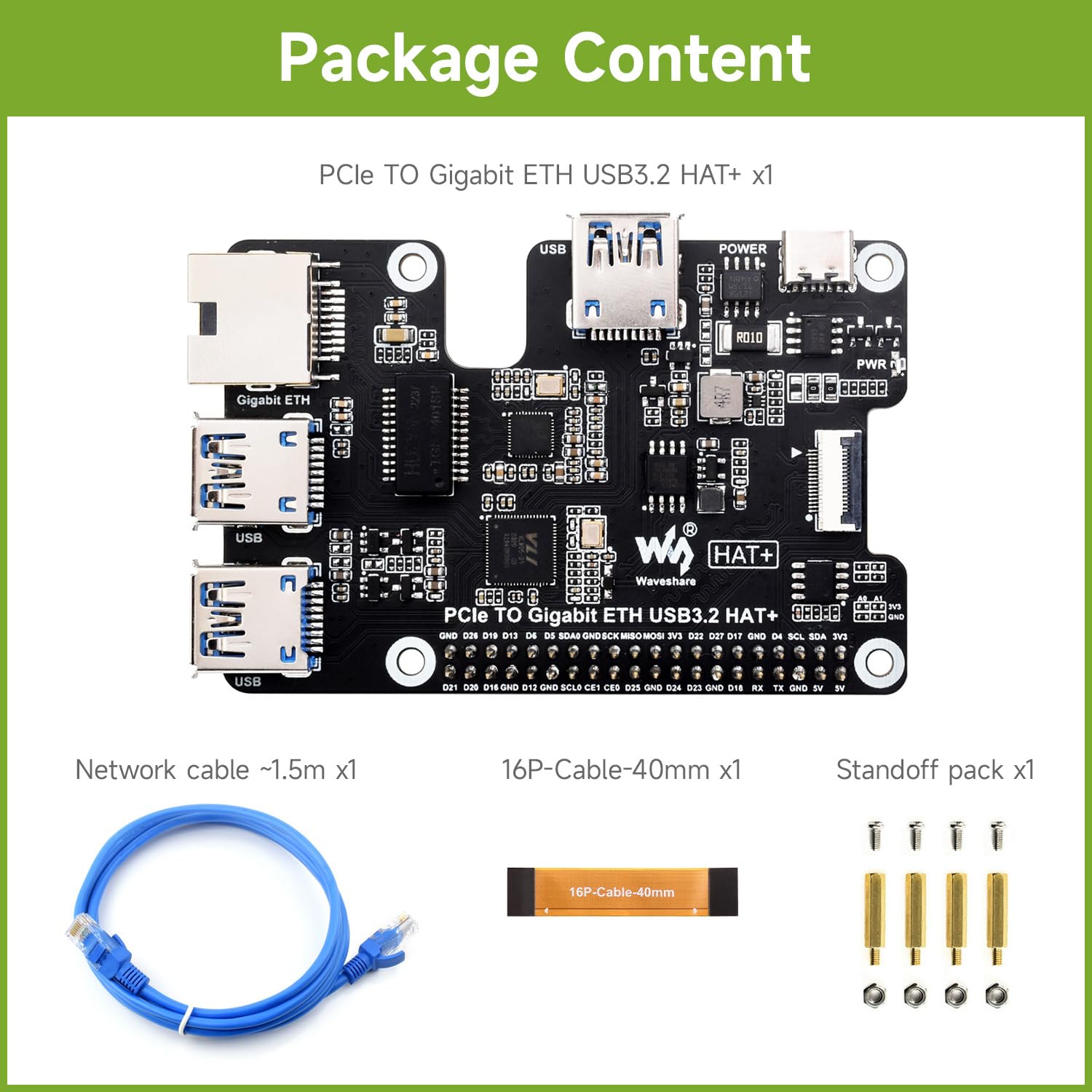 Waveshare PCIe to Gigabit Ethernet and USB 3.2 Gen1 HAT, Compatible with Raspberry Pi 5, 3X USB 3.2 Gen1, 1x Gigabit Ethernet, Driver-Free, Plug and Play