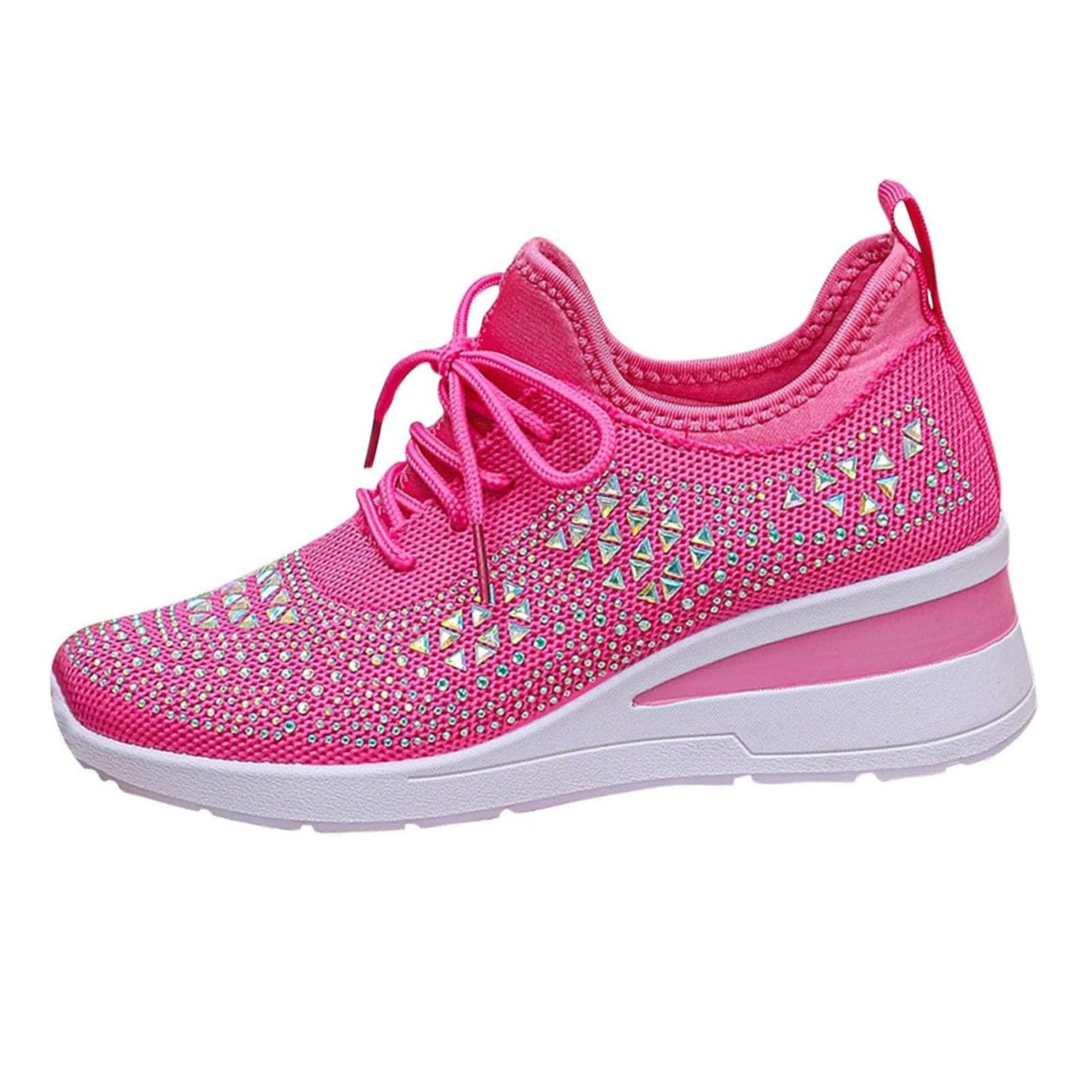 Scarpe da ginnastica da donna con zeppa e strass, traspiranti, alla moda, con lacci e strass, con zeppa e plateau, scarpe da ginnastica da ginnastica, Fucsia, 39 EU