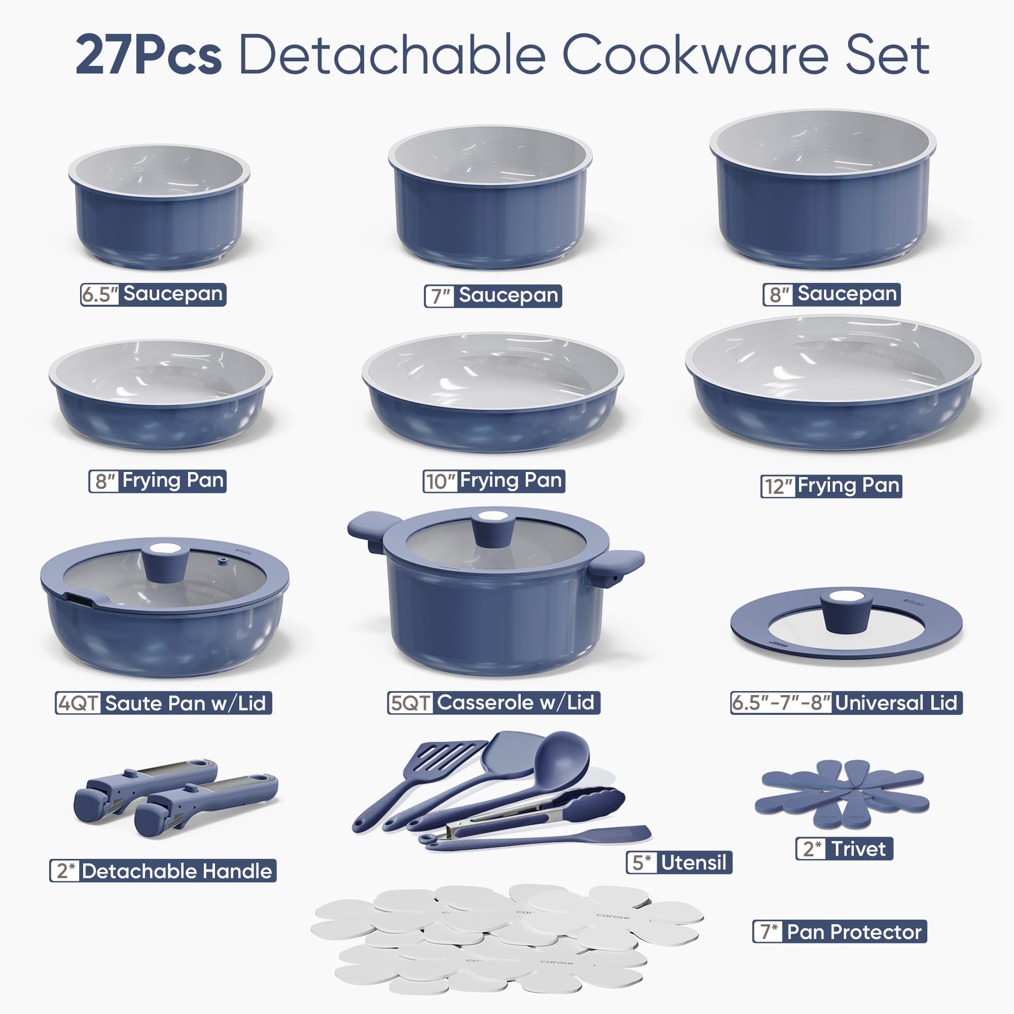 CAROTE Juego de 25 utensilios de cocina de cerámica, juego de ollas y sartenes antiadherentes, juegos de utensilios de cocina de inducción, juego de utensilios de cocina antiadherentes para RV con