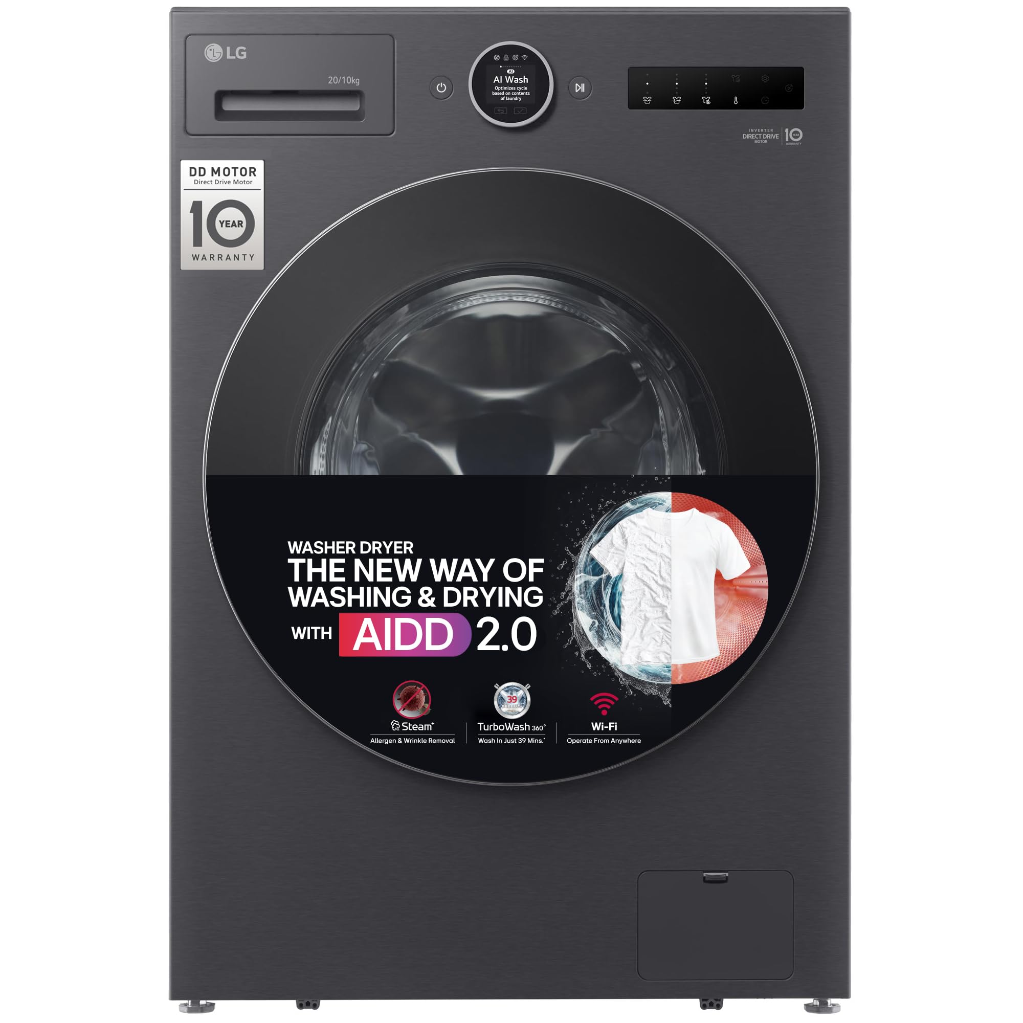 LG 20 Kg(Wash)/10 Kg(Dry), AI DD Technology, Steam+ with Wrinkle Care, 6 Motion DD & Wi-Fi Front Load Fully Automatic Washer Dryer (FDX92010A9K, Digital Dial, Microplastic Care, Pet Care, Matte Black)-image-43