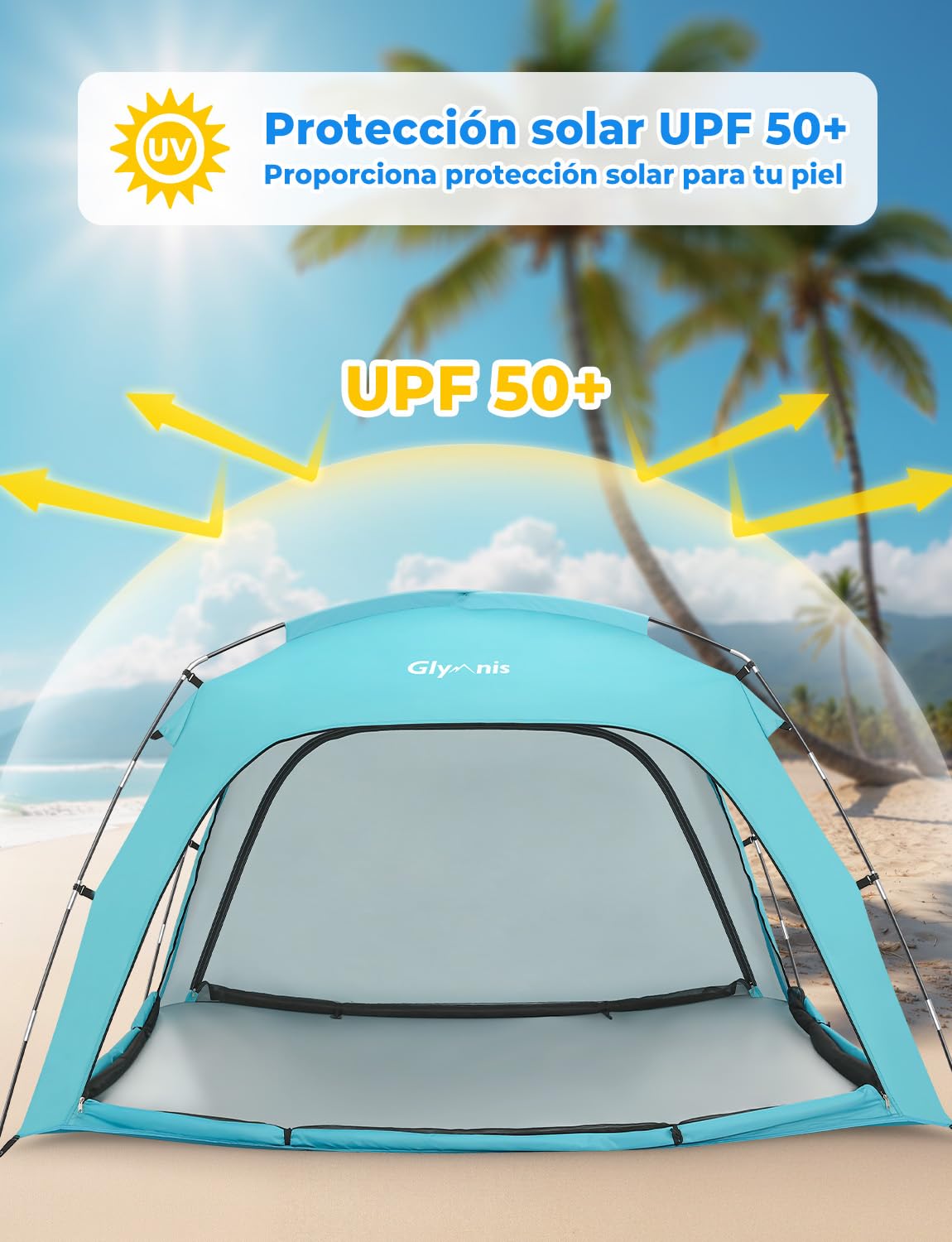 Glymnis Tienda de campaña grande para 3-4 personas, protección UV, refugio solar portátil, ideal para playa, picnic y pesca