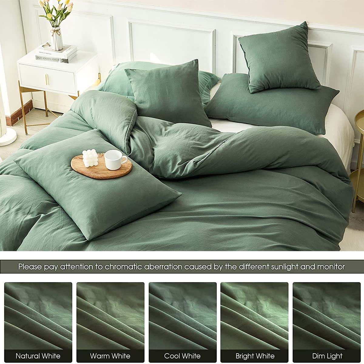 Nayoroom 100% Washed Cotton Duvet Cover Set Queen Size - Green, 3-Piece, Zipper Closure & Corner Ties