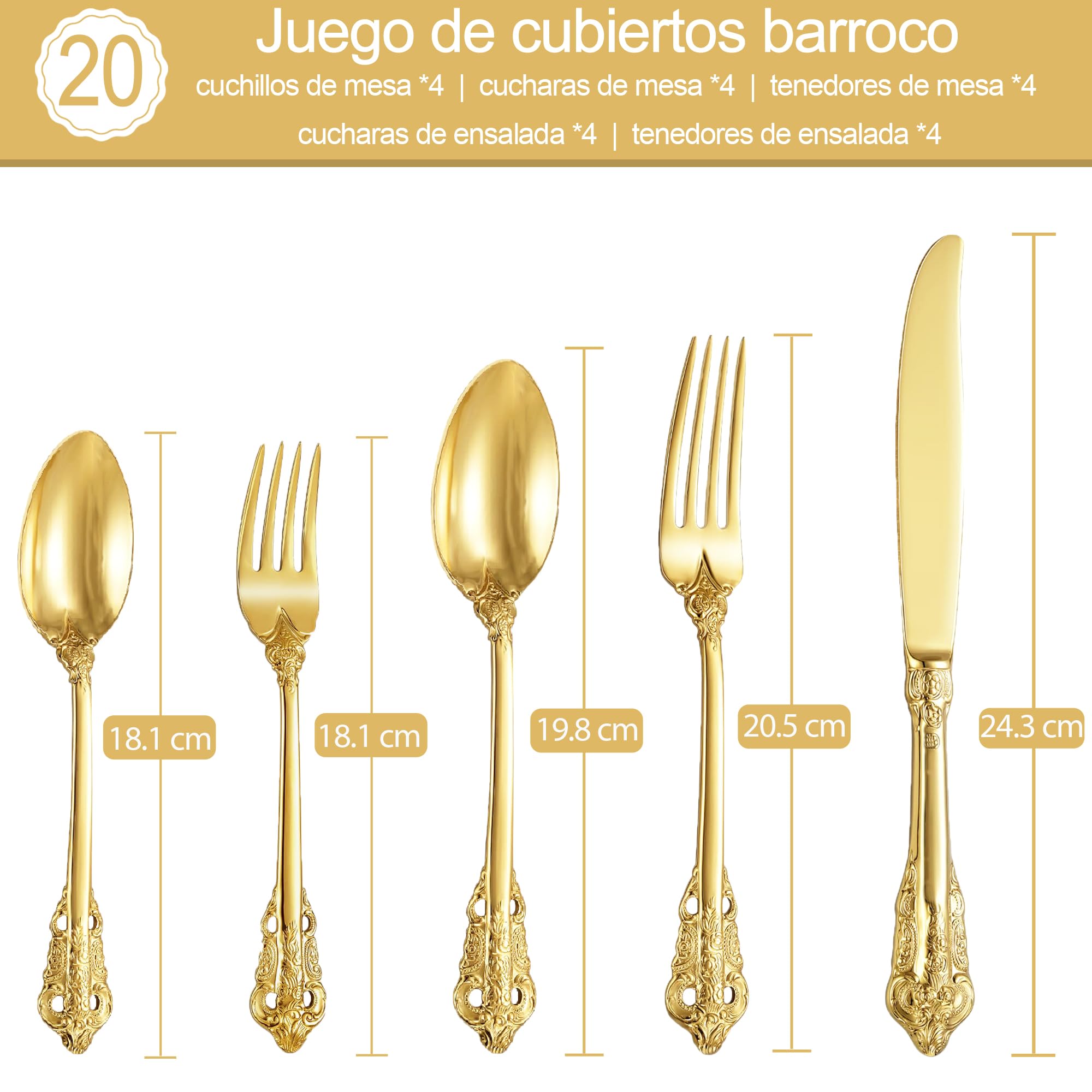 Hermoso juego de cubiertos de 20 piezas de acero inoxidable 18/10 oro barroco, juego de cubiertos de acero inoxidable antioxidante que con caja de regalo