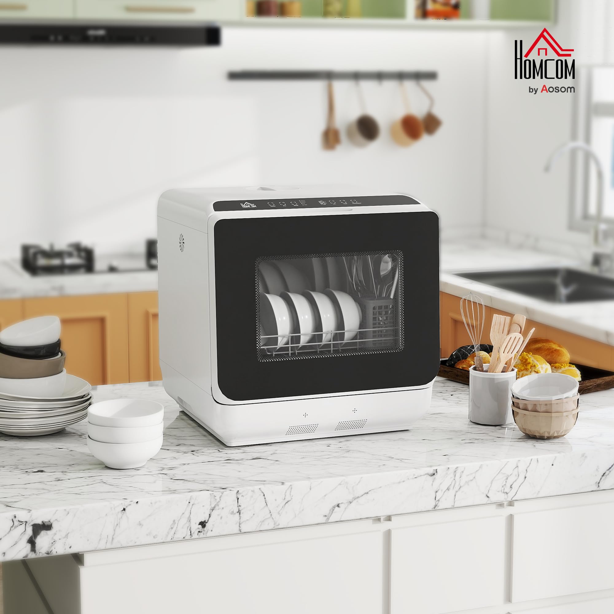 HOMCOM Mini lavastoviglie autoportante, con 4 controsoffitti, 5 programmi, funzione asciutta, serbatoio dell'acqua da 6 l, display a LED, lavastoviglie con/senza attacco per acqua per campeggio