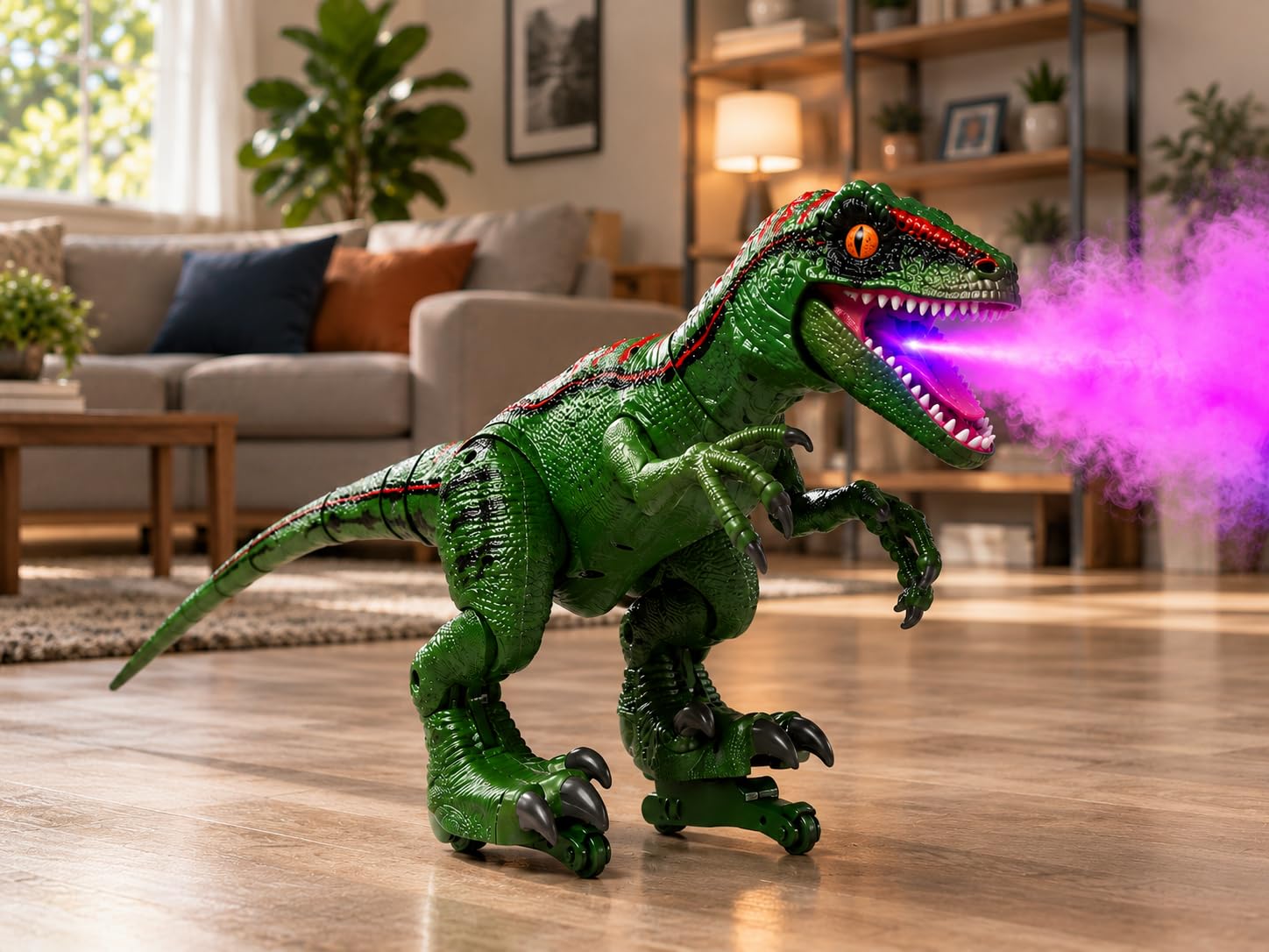 Dinosauro Telecomandato Mega Gigante cm 70 con Effetto Fumo dalla Bocca Luce LED Suoni Reali RC Dinosaur Velociraptor Telecomandato Cammina e Ruggisce Realistico Dinosauro Elettrico Gigante Giocattolo