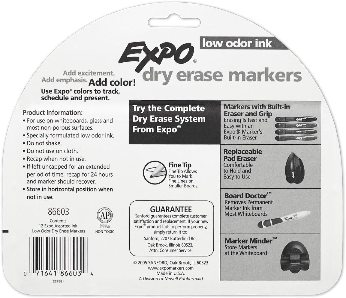 EXPO Low Odor Fine Tip Dry Erase Marker | Fine Point Markers | Whiteboard Markers, Assorted, 12 Count : Office Products