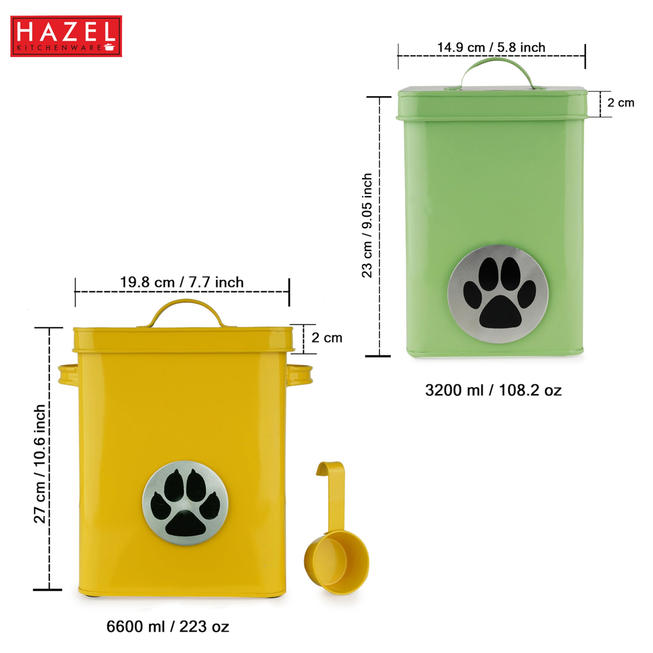 HAZEL Pet Food Container with Lid | Metal Multipurpose Containers for Dog and Cat food, Set of 2, Yellow & Green, 6600 ML, 3200 ML 2