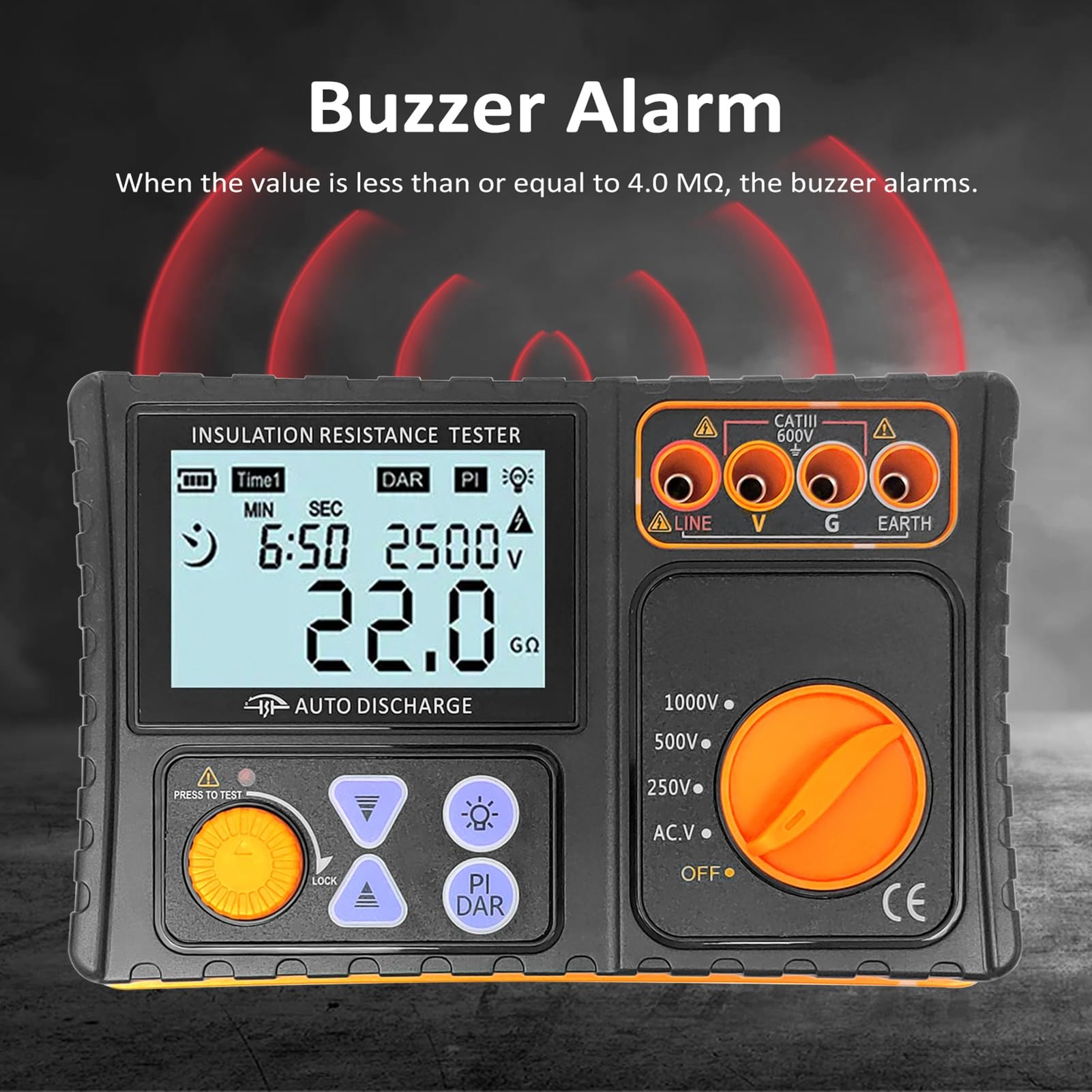 Probador de Aislamiento Digital, Pantalla LCD, Alta Precisión, Alarma de Timbre, Niveles de Voltaje Múltiple, Naranja, Plástico, Prueba de Voltaje de CA, para Pruebas de Equipos