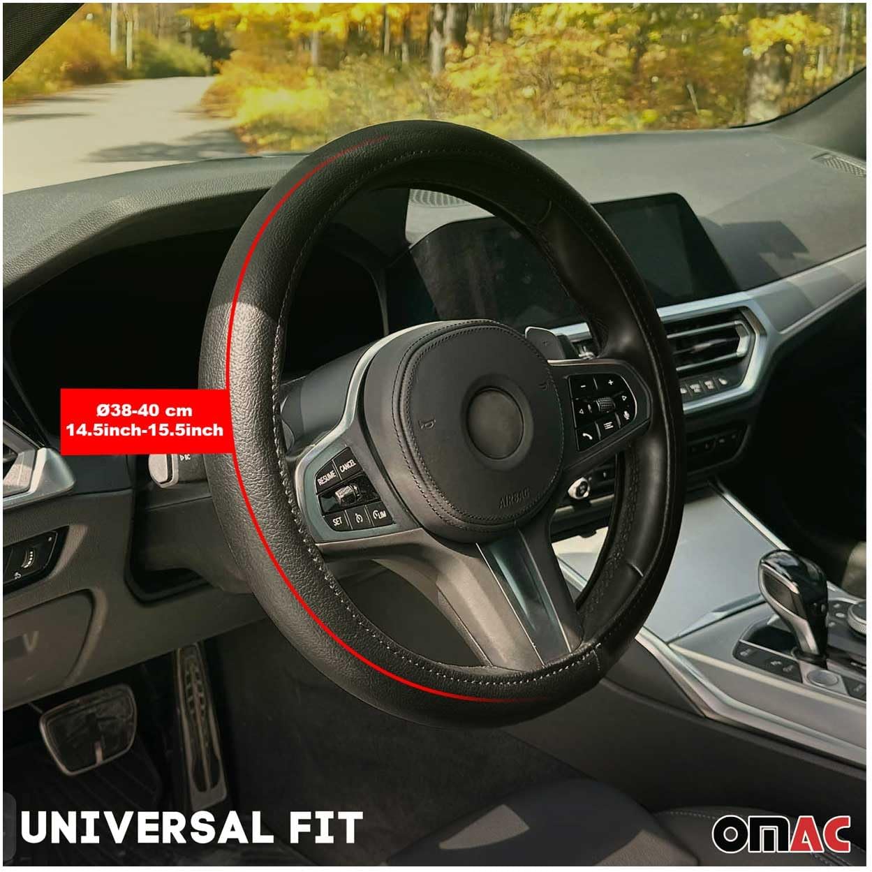 OMAC 14.5-15.5’’ Steering Wheel Cover Blue Stripe Leather Anti-Slip Breathable