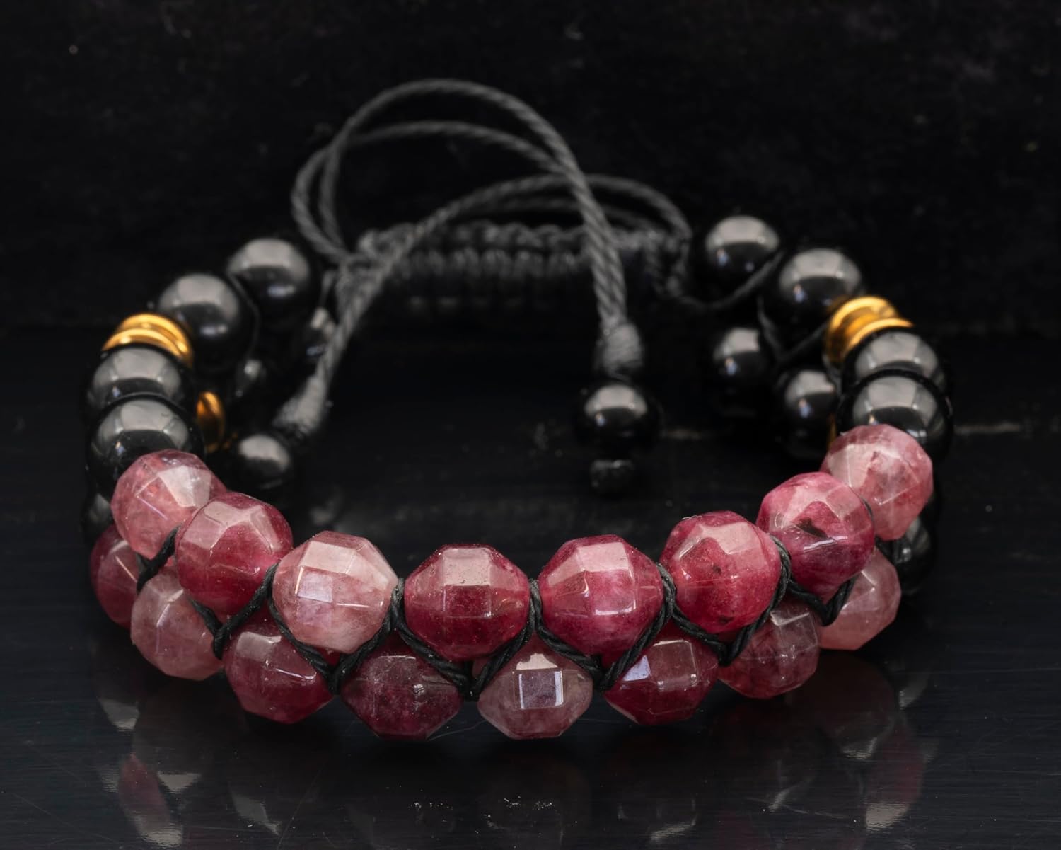 Natural Gemstone Double Row Macrame Bracelet for Men & Women | Handmade 8mm Bead Bracelet with Black Onyx & Hematite | Adjustable Waxed Cord | Zodiac Chakra Jewelry Gift