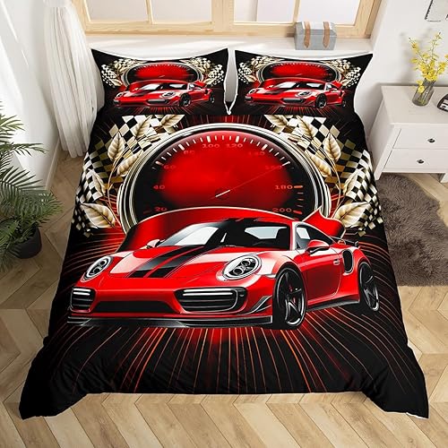 Vista 50 de Erosebridal Funda de edredón roja de coche de carreras para niños y adolescentes, juego de ropa de cama de coche de carreras tamaño Queen, funda