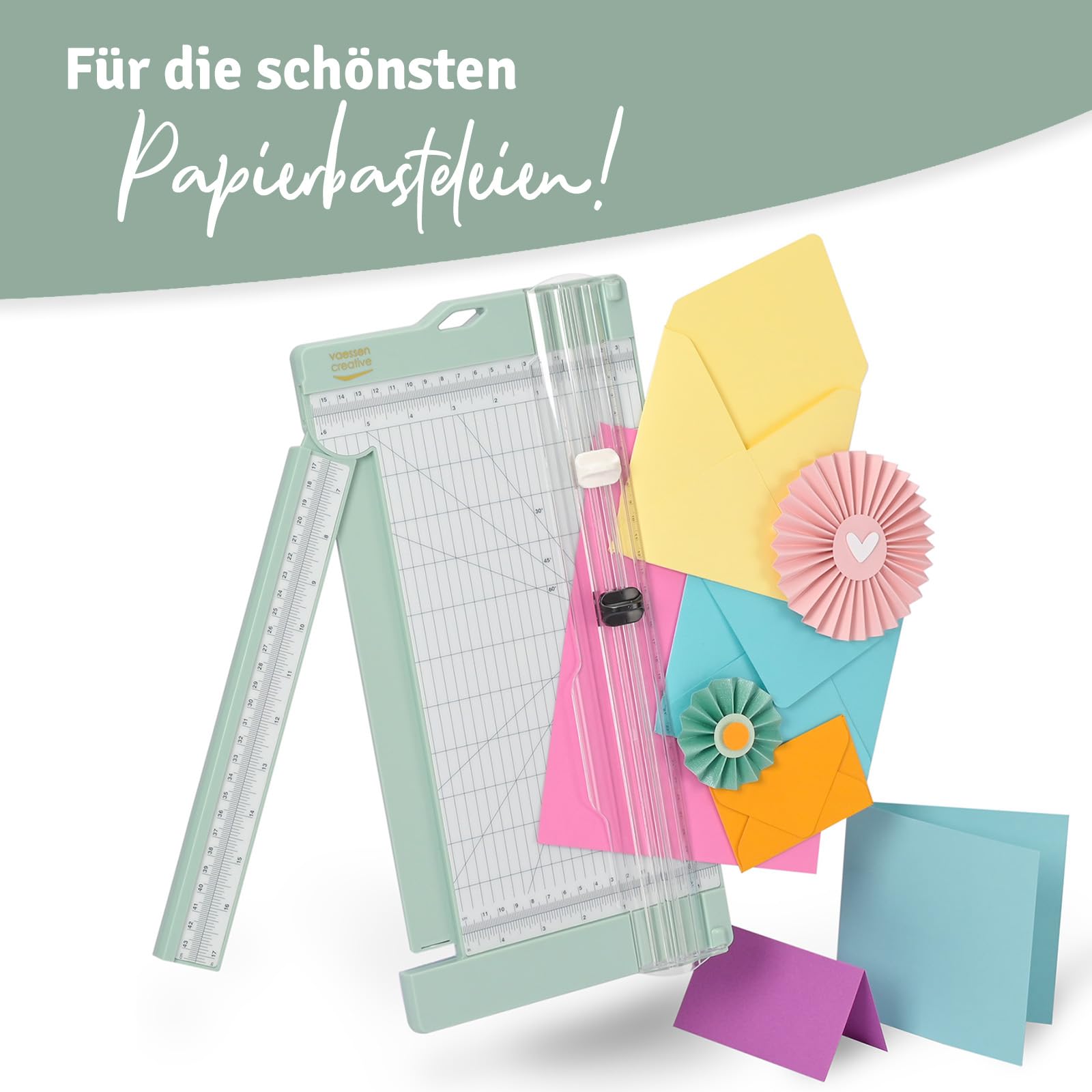 Vaessen Creative Papierschneider Mit Falzbrett 15x30,5cm, Mintgrün, für Scrapbooking und Karten Basteln