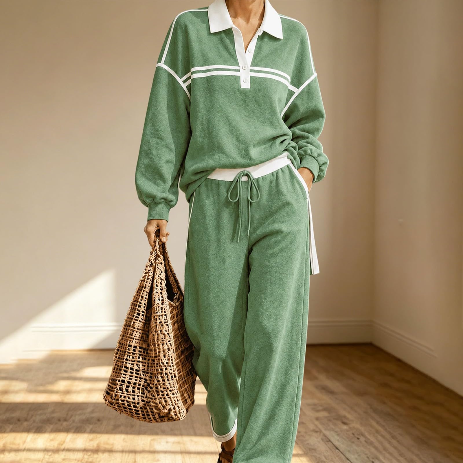 Tuta Leggera Donna 2 Pezzi Completi Palestra Manica Lunga Scollo a V Completo Sportiva Tuta Da Ginnastica Elegante Set Top E Pantaloni a Gamba Larga Tute Per Jogging Yoga Fitness Autunnale Invernale