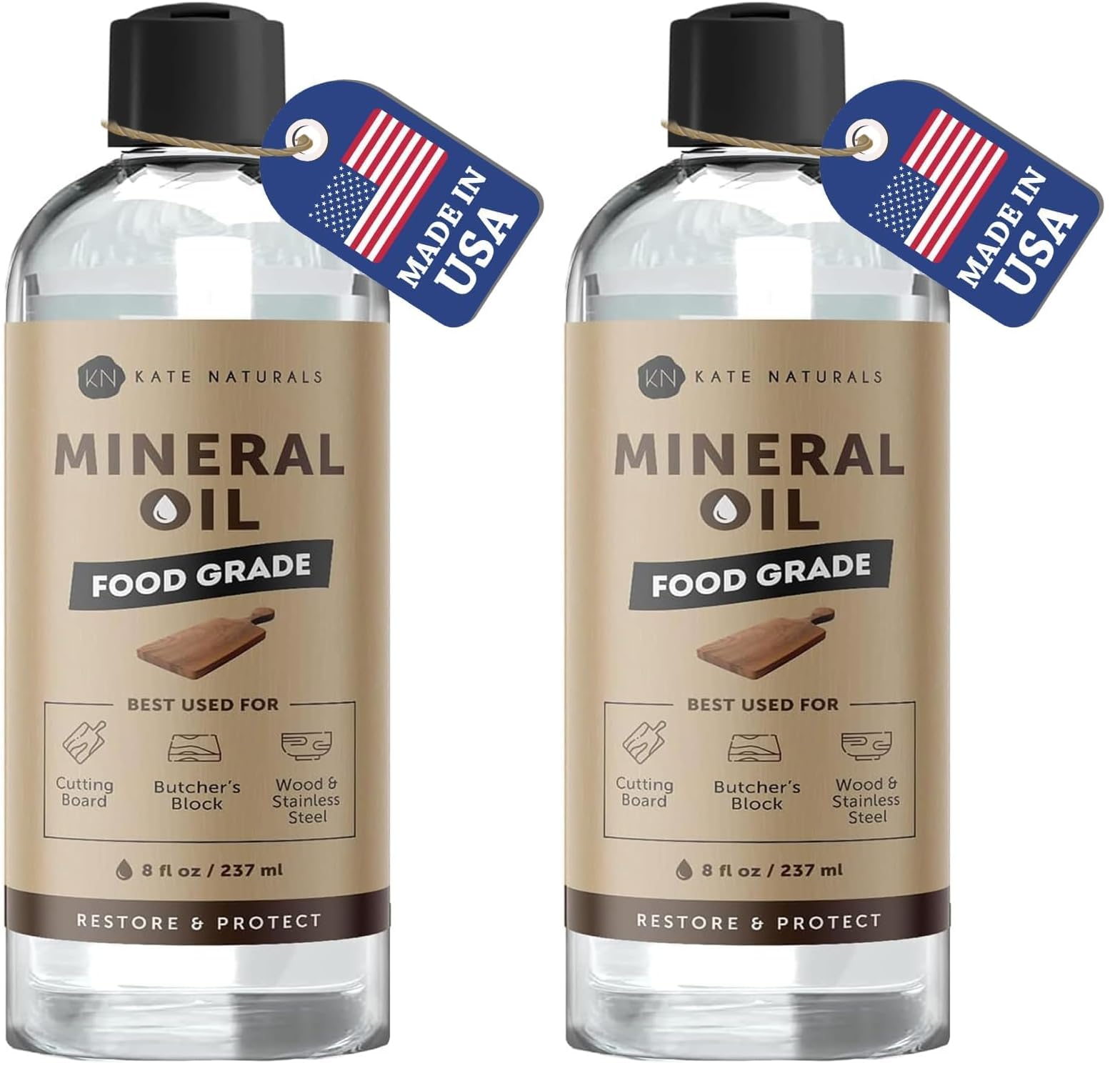 Kate Naturals Mineral Oil for Wood Cutting Board, Butcher Block, and Knife. Substitute for Linseed Oil (8oz, Food Grade, Food Safe) (Pack of 2)