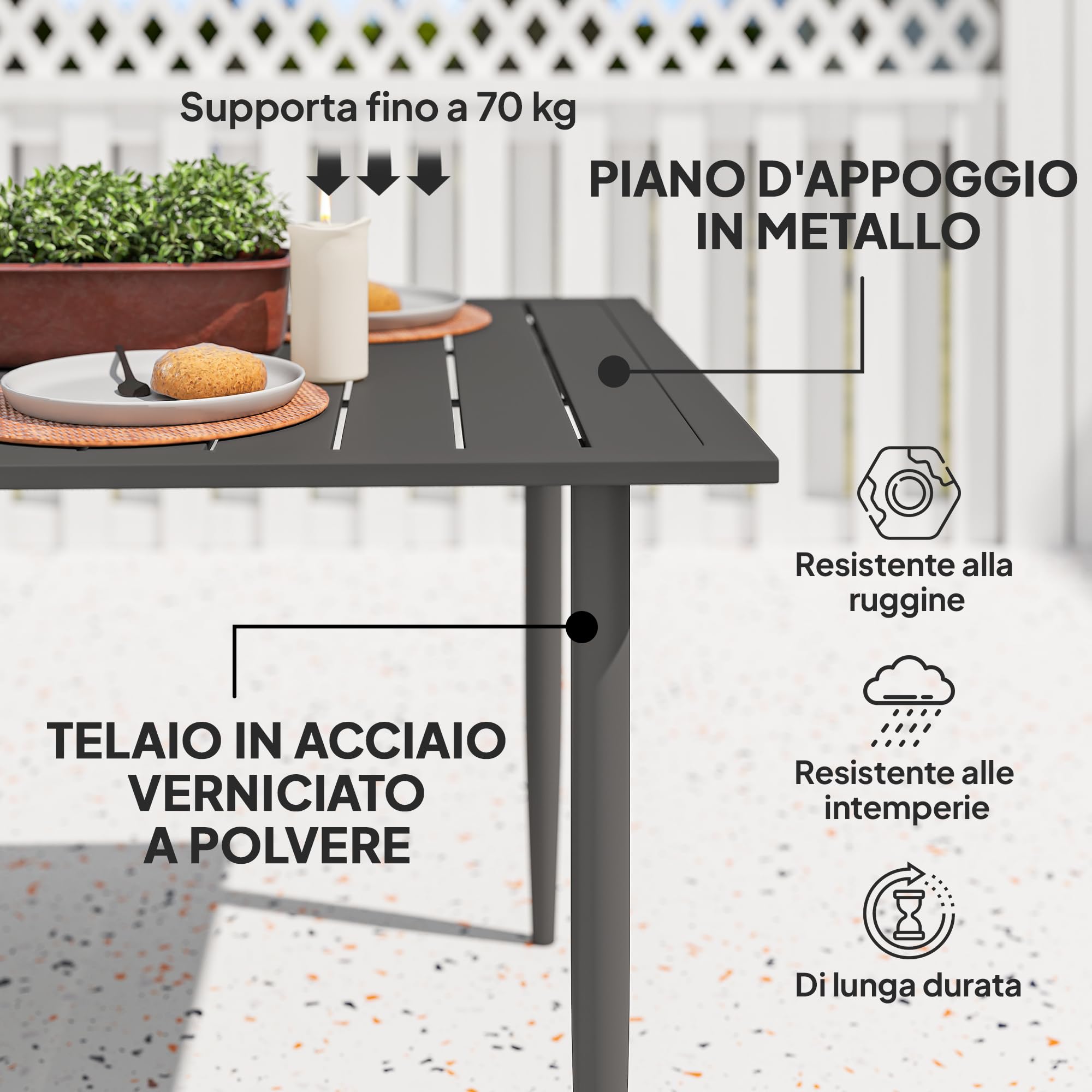 Outsunny Tavolo da Giardino Rettangolare 150x90x73 cm, Tavola da Pranzo per 6 Persone con Design a Doghe e Foro per Ombrellone in Acciaio, Per Patio, Terrazzo, Balcone ed Esterno, Nero