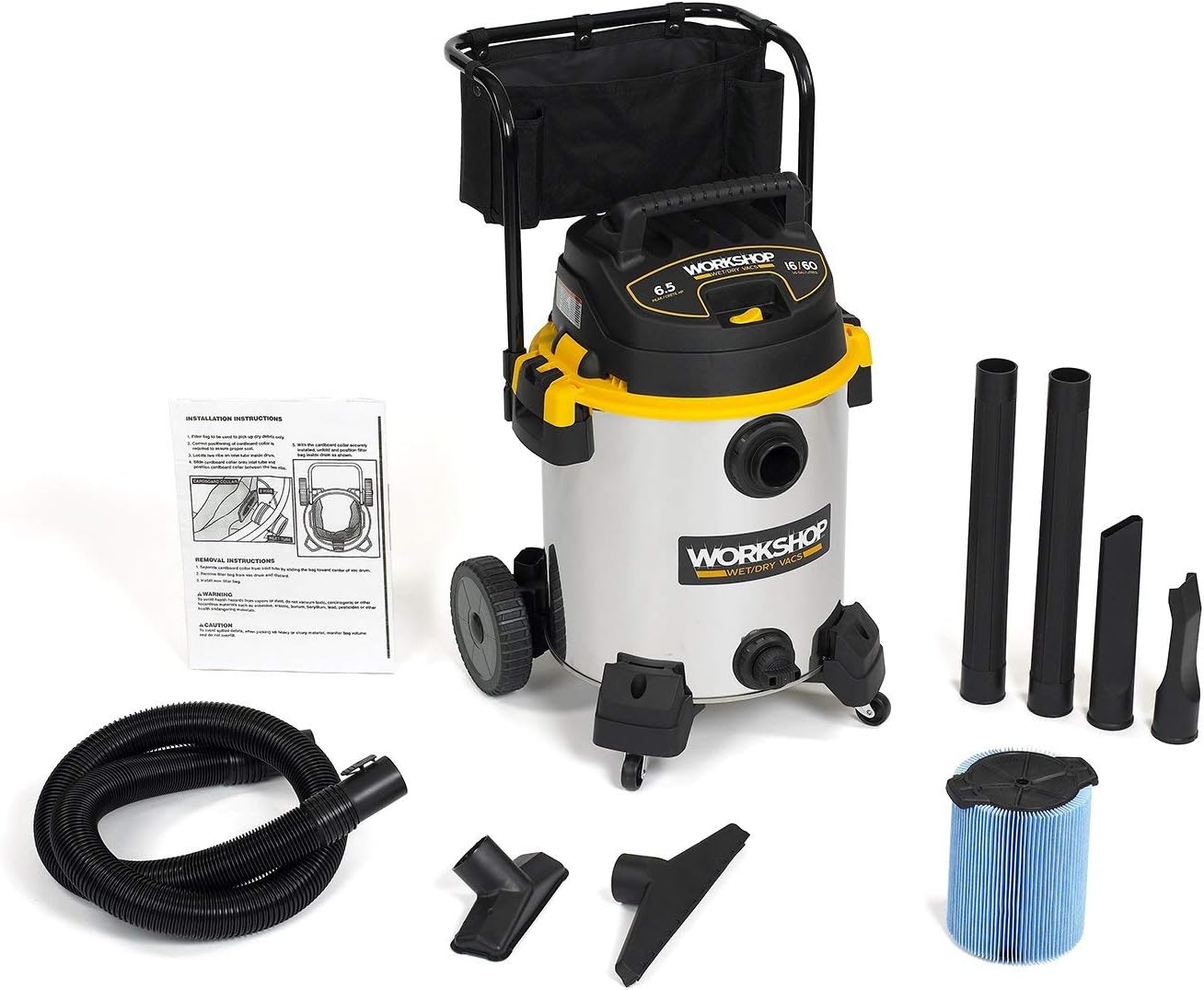 WORKSHOP Wet/Dry Vacs Shop Vacuum WS1600SS 16-Gallon 6.5 Peak HP Stainless Steel Wet Dry Vacuum Cleaner with Filter, Dust Bag, Hose, Attachments and Cart for Heavy Duty Professional Cleaning