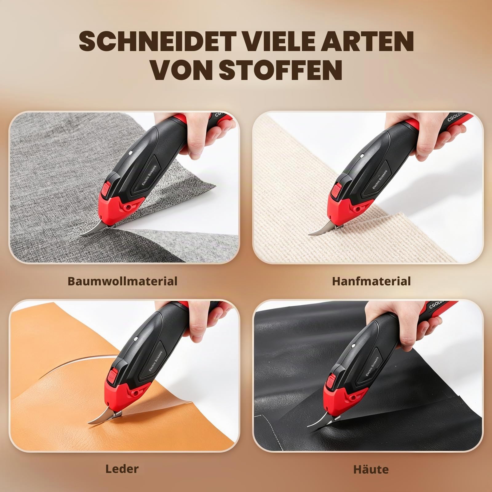 CGOLDENWALL Akku Stoffschneider 4V, Papier Leder Teppich | Wiederaufladbar, 2 Ersatzklingen, Max 6mm, Kuehlung, 330g Leicht, Rot