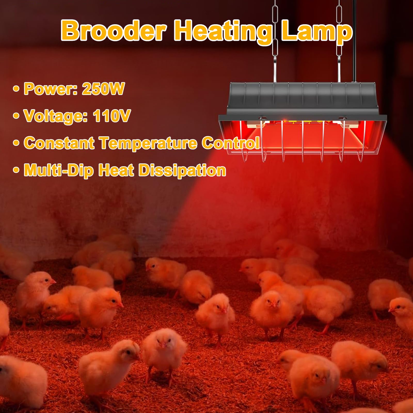 Czerwona lampa ciepła dla piskląt, 250 W, wodoszczelna lampa grzewcza, dla kurników, dla zwierząt, promiennik ciepła z przełącznikiem oszczędnościowym, regulowany łańcuch do zawieszania dla