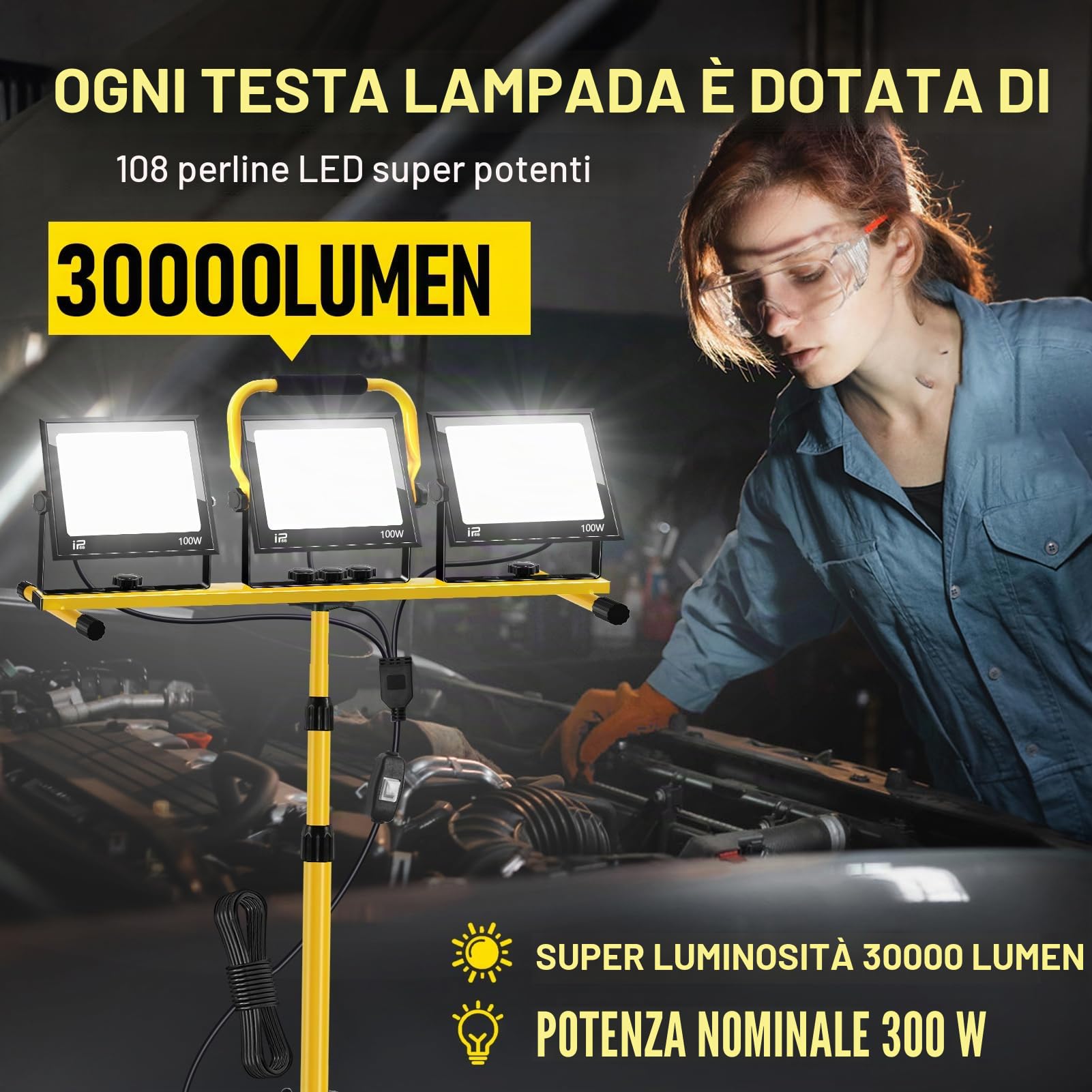 Faretto da Cantiere com Treppiede Telescopico 300W, 30000LM 6500K Faro LED da Cantiere Portatile, Luce Bianca 6500K IP66 Impermeabile Faretto Lavoro con Cavo 3m, Rotazione 360°