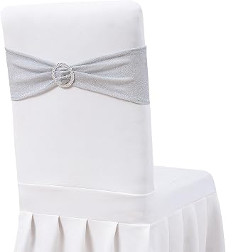 Eternal Beauty Silver Chair Sashes Set of 10, Shimmering Spandex Tinsel Fabric with Glitter Buckles, Perfect for Wedding, Party, and Event Decorations