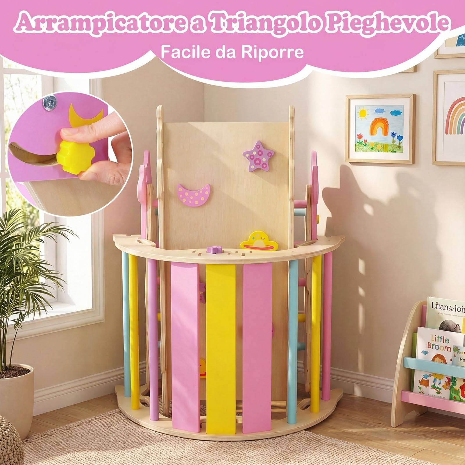 RELAX4LIFE Set da Arrampicata per Bambini, Triangolo di Arrampicata con Scivolo e Arco, Gioco di Incastri in Legno, Gioco Montessori per Bambini 1+ Anni (Unicorno con Rete-3 Pezzi | Macaron)
