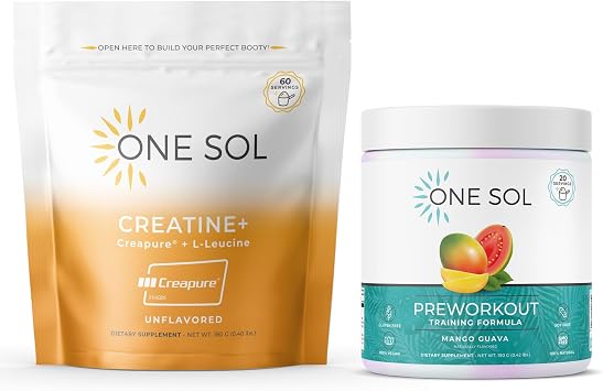 مجموعة One Sol Creatine & Pre-Workout للنساء تعمل على تعزيز العضلات الهزيلة والتعافي والطاقة والتركيز باستخدام المكملات الغذائية النباتية الطبيعية الكرياتين غير المنكه والمانجو والجوافة قبل التمرين