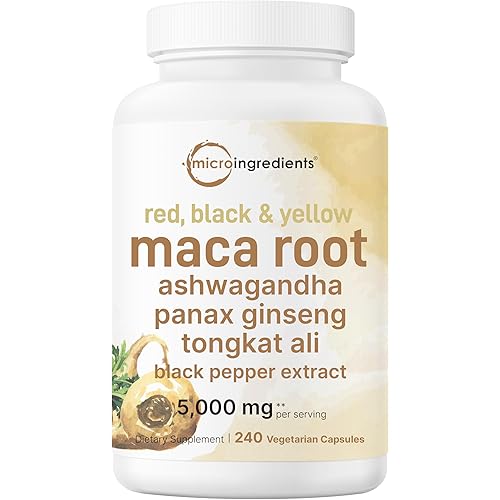 Maca Root Capsules for Women & Men 5,000mg | 240 Veggie Capsules with Ashwagandha, Red, Black, Yellow Maca Root, Panax Ginseng, Tongkat Ali & Black Pepper | Support Energy, Mood & Hormone Balance
